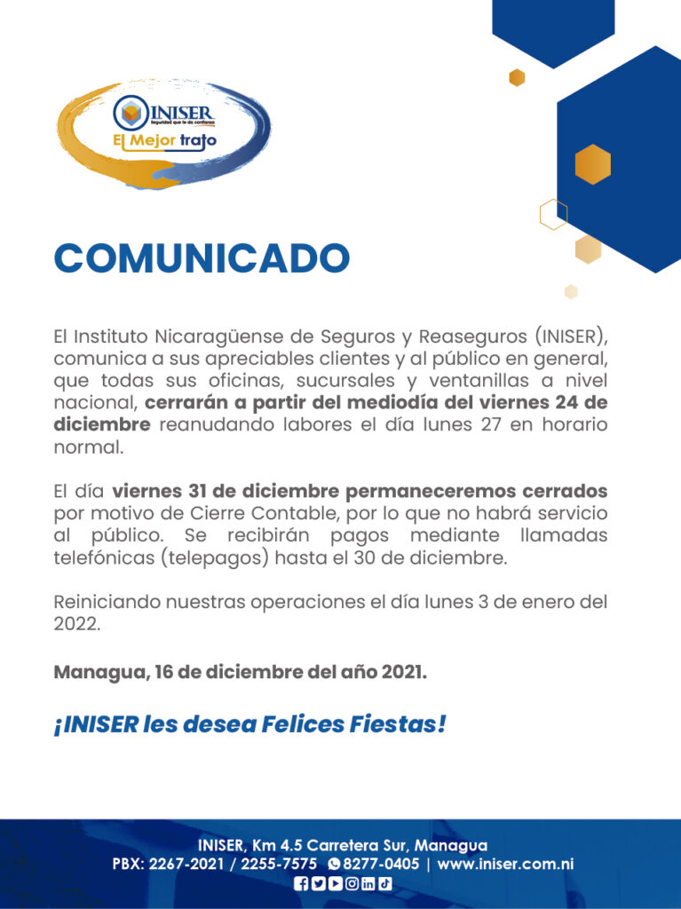 Comunicado de INISER 24 y 31 de diciembre